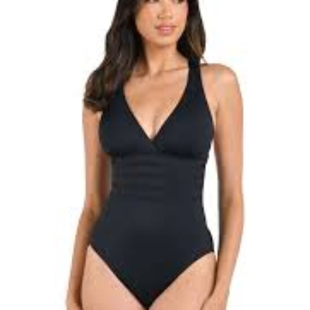 LA BLANCA ISLAND GODDESS MULTI-STRAP CROSS-BACK ONE PIECE BLACK SWIMSUIT SIZE 12